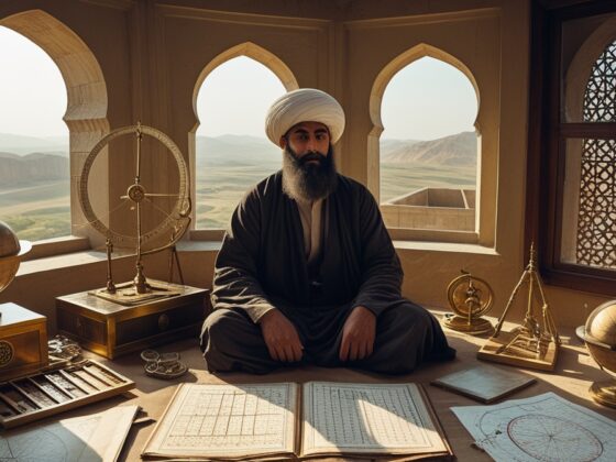 Représentation imaginaire et fictive d'Al-Biruni, savant persan du XIᵉ siècle - cette image ne représente pas le personnage historique réel