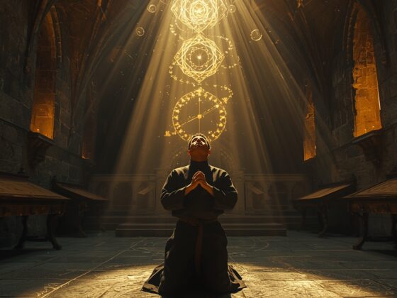 Image fictive représentant un moine bénédictin médiévale en méditation philosophique – cette illustration imaginaire ne représente pas le véritable Anselme de Cantorbéry