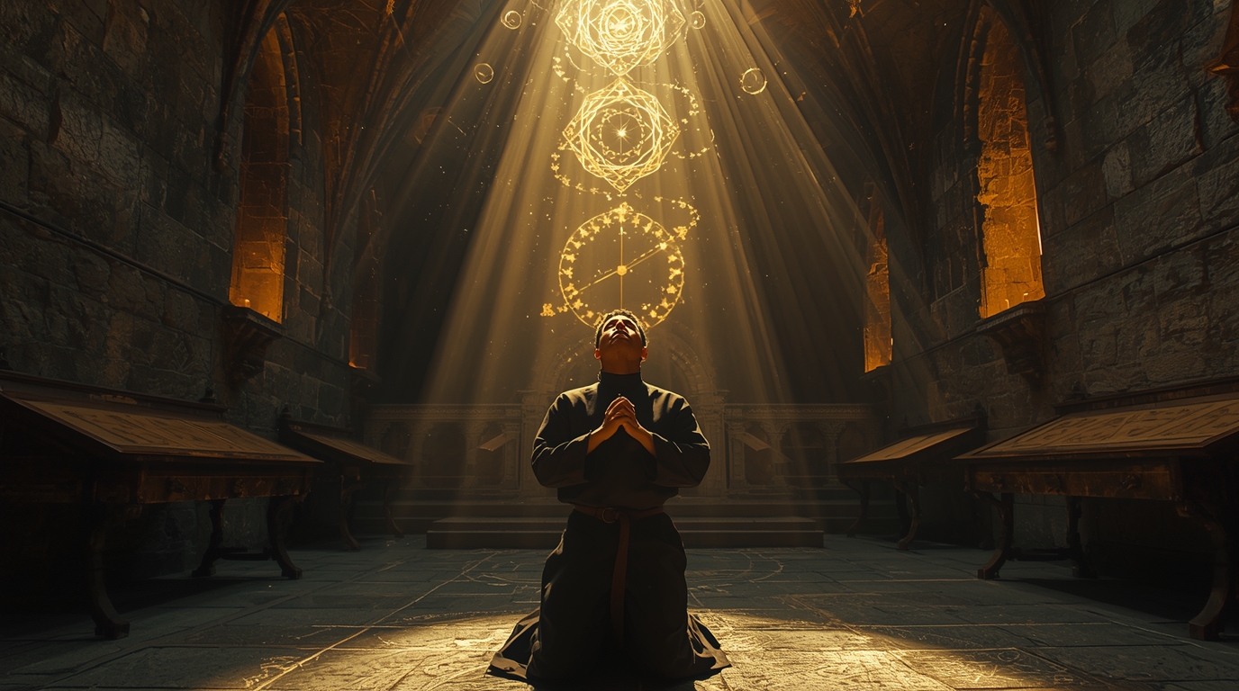 Image fictive représentant un moine bénédictin médiévale en méditation philosophique – cette illustration imaginaire ne représente pas le véritable Anselme de Cantorbéry