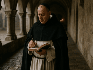 Thomas d'Aquin (vers 1225-1274) : Le maître de la synthèse aristotélico-chrétienne 333 Portrait imaginaire de Thomas d'Aquin, grand théologien et philosophe scolastique, docteur de l'Église catholique - image fictive ne représentant pas le personnage historique réel.