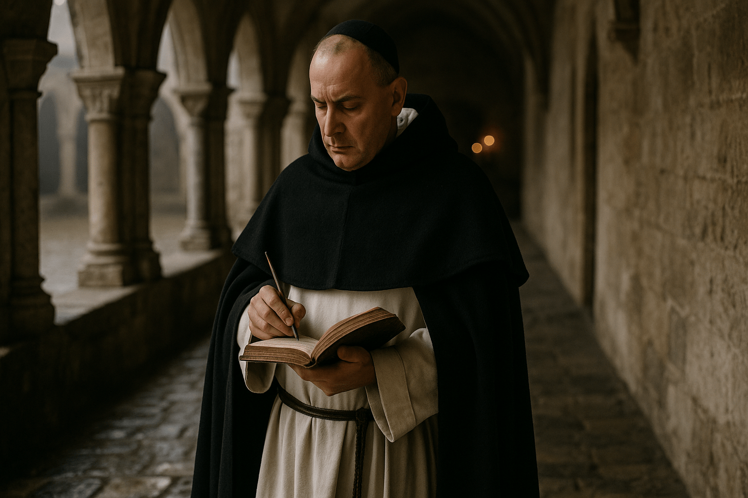 Portrait imaginaire de Thomas d'Aquin, grand théologien et philosophe scolastique, docteur de l'Église catholique - image fictive ne représentant pas le personnage historique réel.