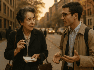 Hannah Arendt (1906-1975) : Penseuse de la condition humaine et du totalitarisme moderne 152 Portrait imaginaire de la philosophe politique Hannah Arendt, théoricienne majeure du totalitarisme et de la condition humaine moderne - image fictive ne représentant pas le personnage historique réel.