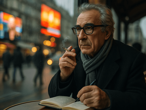 Portrait imaginaire de Jean Baudrillard, philosophe français du XXᵉ siècle, théoricien de la simulation et de l'hyperréalité. Cette image est fictive et ne représente pas le personnage réel.