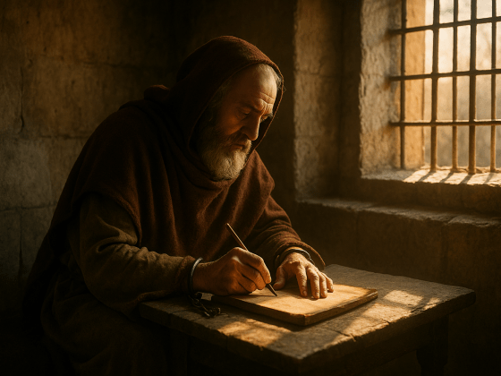 Portrait imaginaire de Boèce, philosophe et homme d'État romain, auteur de la Consolation de Philosophie - image fictive ne représentant pas le personnage historique réel.