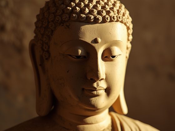 Portrait imaginaire de Siddhartha Gautama, le Bouddha historique, fondateur du bouddhisme et philosophe de l'Éveil - image fictive ne représentant pas le personnage réel