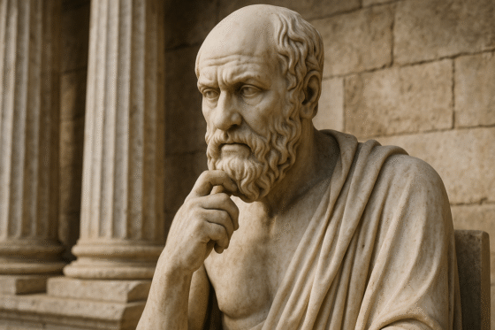 Image fictive représentant Chrysippe dans une posture de réflexion philosophique – cette illustration imaginaire ne représente pas le véritable philosophe stoïcien