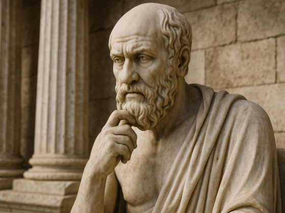 Image fictive représentant Chrysippe dans une posture de réflexion philosophique – cette illustration imaginaire ne représente pas le véritable philosophe stoïcien