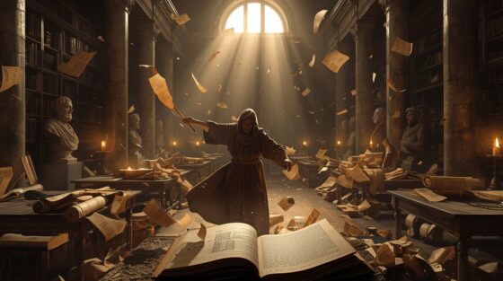 Image fictive montrant un érudit antique entouré de rouleaux de papyrus – cette illustration imaginaire ne représente pas le véritable Diogène Laërce