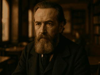 Ludwig Feuerbach (1804–1872) : L'humanisme athée et la critique de la religion 224 Portrait fictif d'un philosophe allemand du XIXᵉ siècle en redingote sombre, ne représentant pas réellement Ludwig Feuerbach