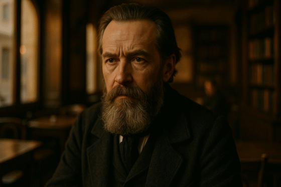 Portrait fictif d'un philosophe allemand du XIXᵉ siècle en redingote sombre, ne représentant pas réellement Ludwig Feuerbach