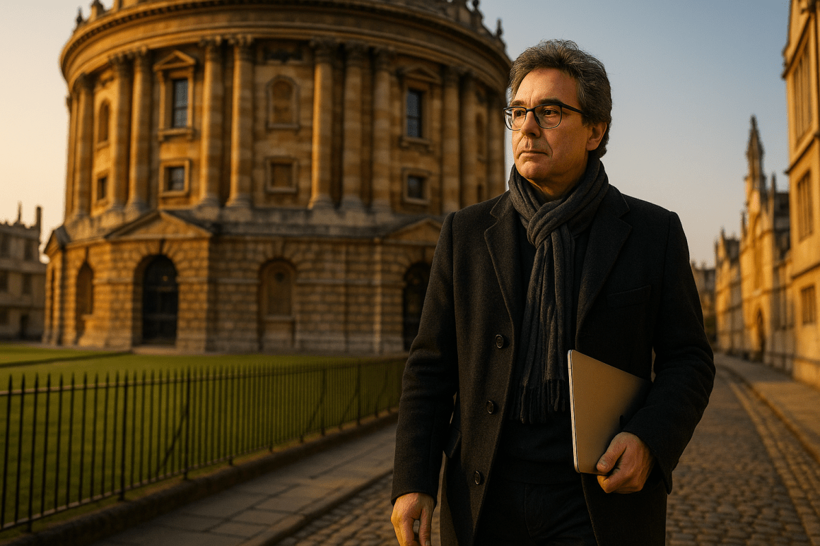 Portrait imaginaire du philosophe italien Luciano Floridi, penseur de la philosophie de l'information et de l'éthique numérique. Cette image est fictive et ne représente pas le personnage historique réel.