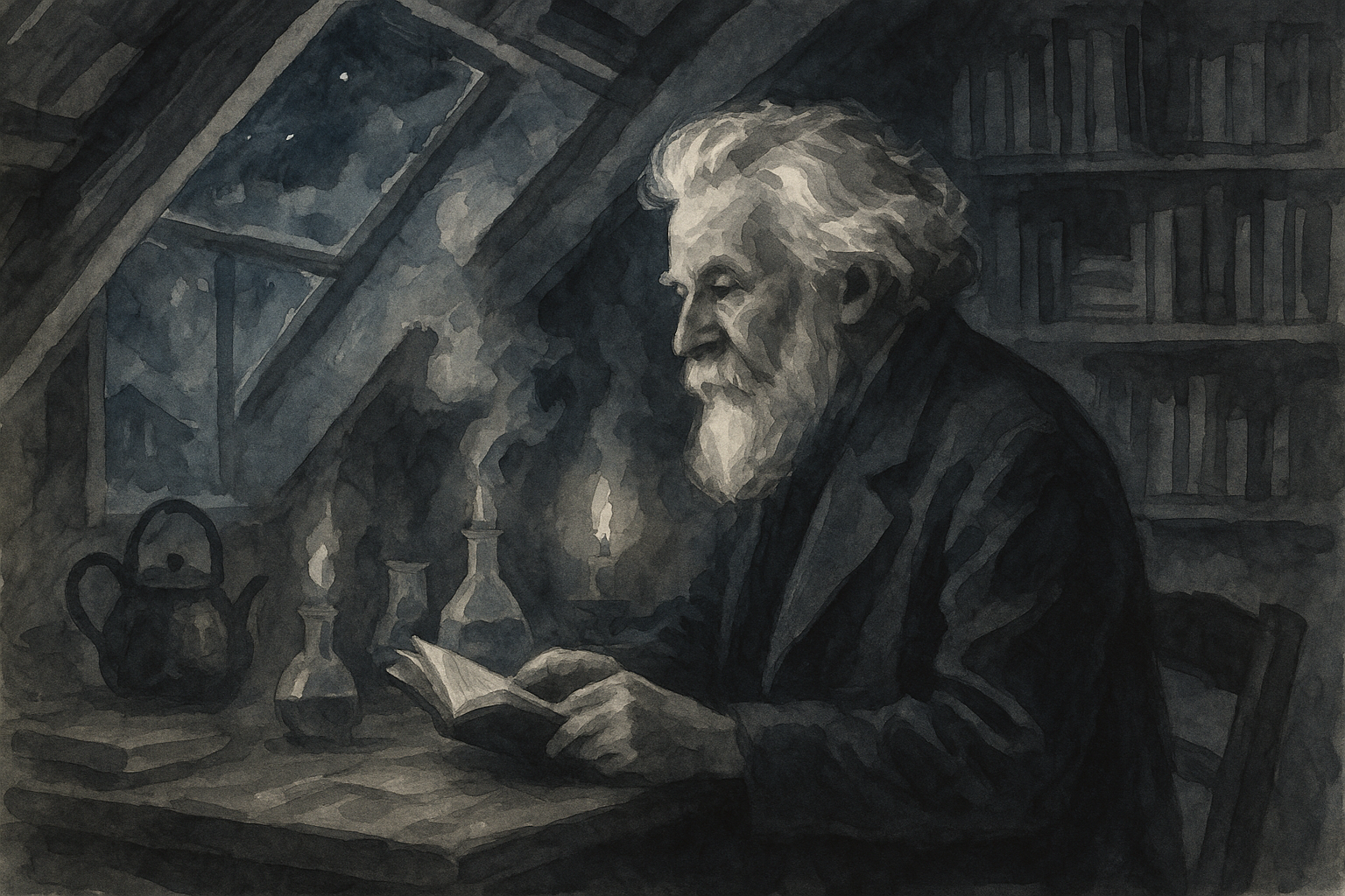 Portrait imaginaire et fictif de Gaston Bachelard, philosophe français, cette représentation symbolique ne correspond pas à l'apparence réelle du penseur