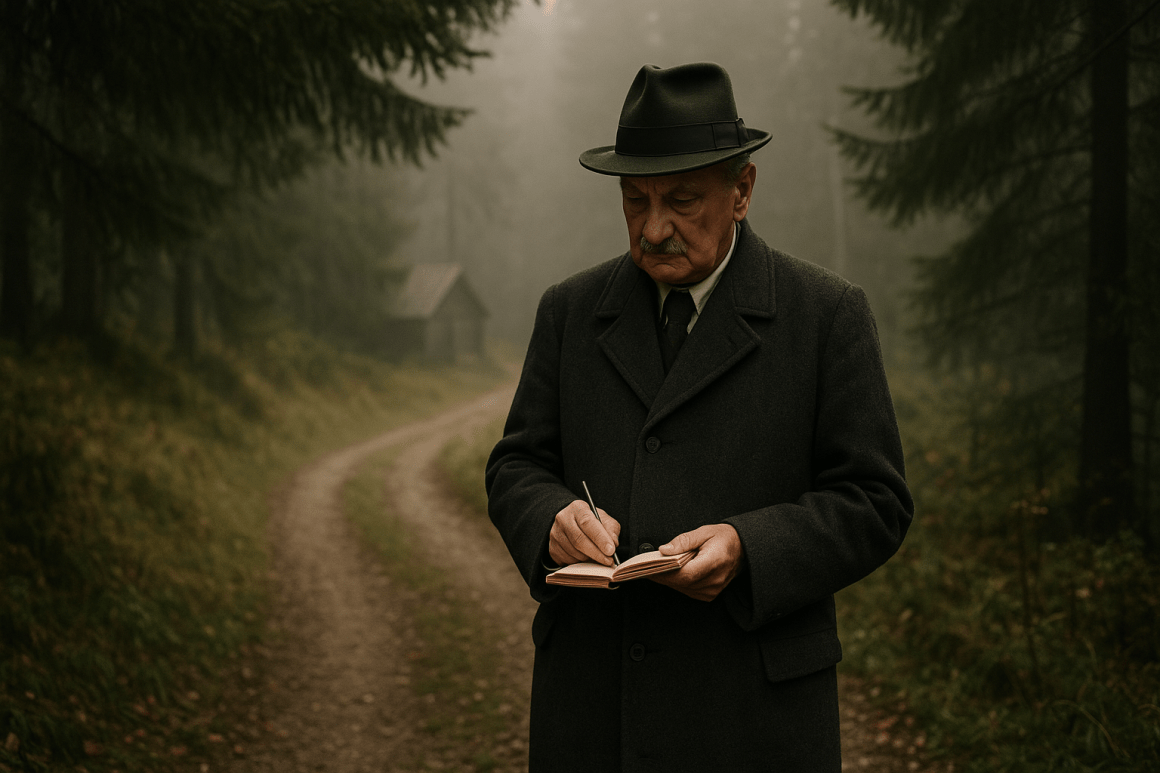 Portrait imaginaire du philosophe allemand Martin Heidegger, penseur de l'Être et de l'existence authentique. Cette image est fictive et ne représente pas le personnage historique réel.