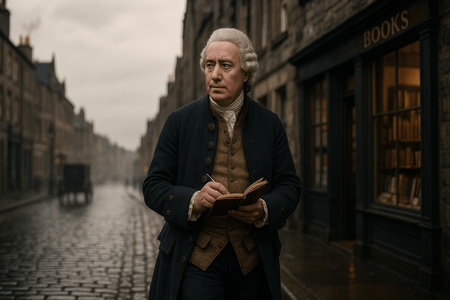 Portrait imaginaire du philosophe écossais David Hume, grand empiriste des Lumières et critique de la causalité - image fictive ne représentant pas le personnage historique réel.