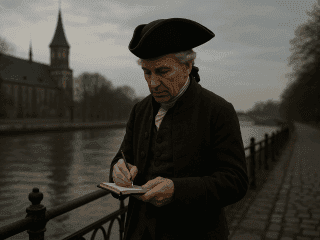 Emmanuel Kant (1724-1804) : L'architecte de la philosophie critique et de l'autonomie de la raison 107 Portrait imaginaire du philosophe allemand Emmanuel Kant, penseur de la philosophie critique et de l'autonomie morale. Cette image est fictive et ne représente pas le personnage historique réel.