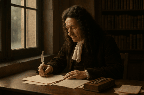 Portrait imaginaire du philosophe et mathématicien Gottfried Wilhelm Leibniz, penseur de l'harmonie préétablie et génie universel du XVIIᵉ siècle - image fictive ne représentant pas le personnage historique réel.