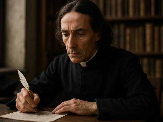 Portrait imaginaire du philosophe français Nicolas Malebranche, représentation artistique fictive qui ne correspond pas au personnage historique réel, illustrant un article sur sa philosophie occasionaliste et sa doctrine de la vision en Dieu.