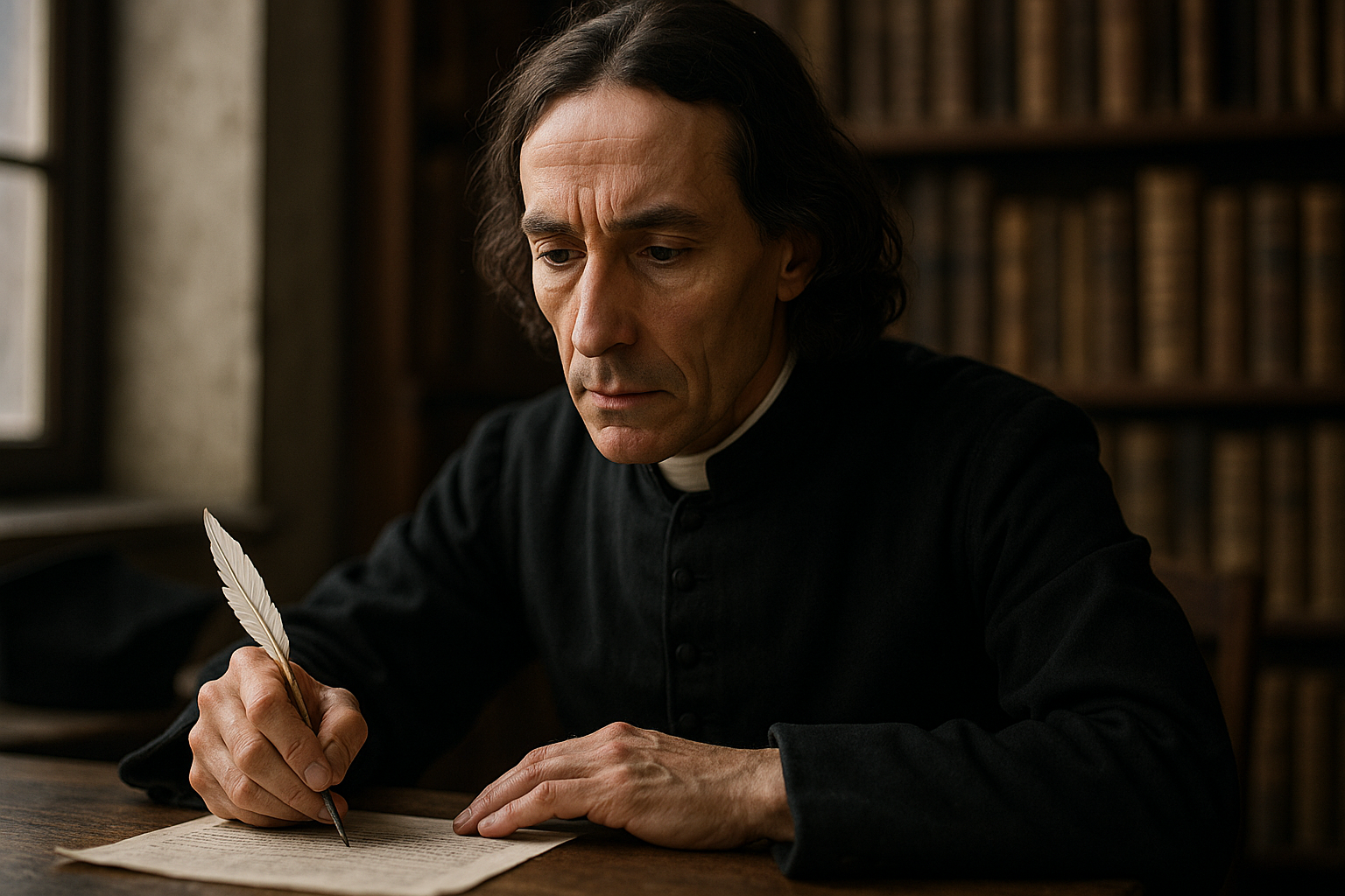 Portrait imaginaire du philosophe français Nicolas Malebranche, représentation artistique fictive qui ne correspond pas au personnage historique réel, illustrant un article sur sa philosophie occasionaliste et sa doctrine de la vision en Dieu.