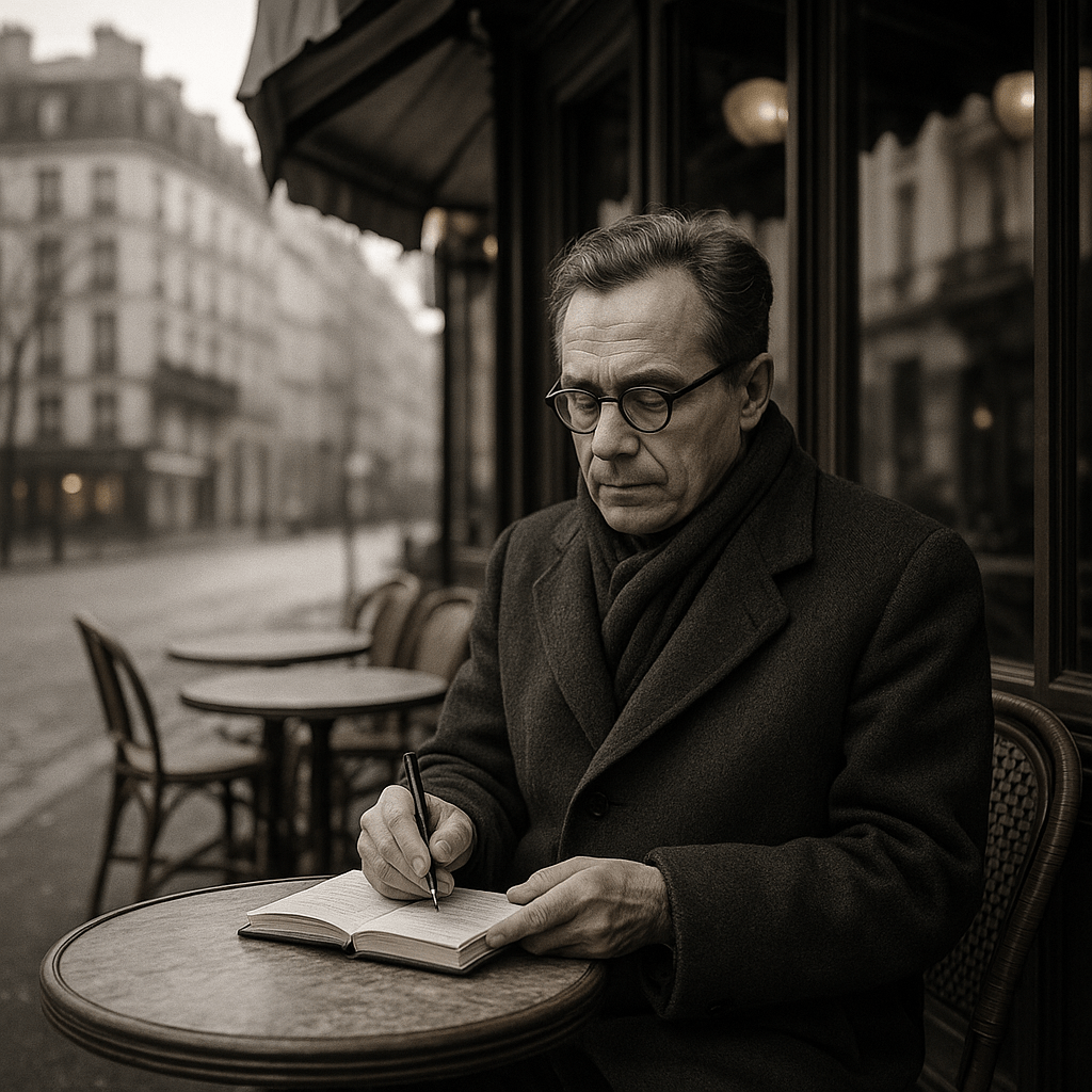 Portrait imaginaire du philosophe français Maurice Merleau-Ponty, penseur de la corporéité et de la perception phénoménologique. Cette image est fictive et ne représente pas le personnage historique réel.
