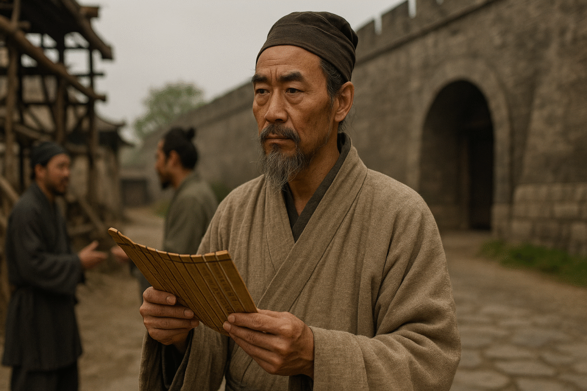 Image fictive et imaginaire de Mozi, philosophe chinois de l'Antiquité. Cette représentation artistique ne prétend pas reproduire l'apparence réelle du personnage historique.