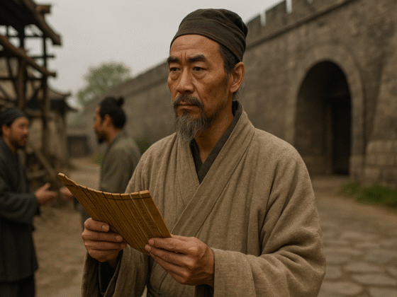 Image fictive et imaginaire de Mozi, philosophe chinois de l'Antiquité. Cette représentation artistique ne prétend pas reproduire l'apparence réelle du personnage historique.