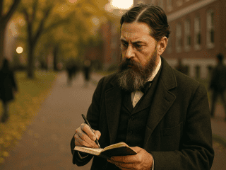 Charles Sanders Peirce (1839–1914) pragmatisme et sémiotique 69 Portrait fictif de Charles S. Peirce, photographié de trois-quarts, carnet et compas en main ; image illustrative ne représentant pas réellement le philosophe.