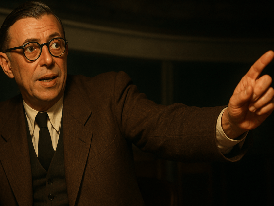 Portrait fictif de Jean-Paul Sartre, philosophe français, père de l'existentialisme et figure de l'intellectuel engagé