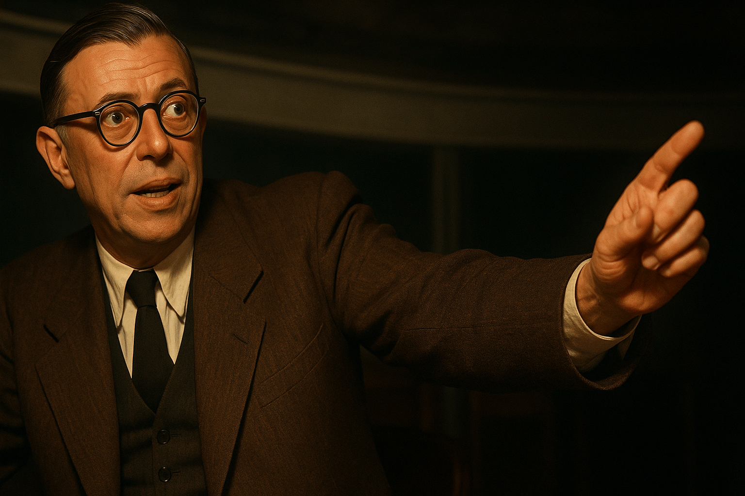 Portrait fictif de Jean-Paul Sartre, philosophe français, père de l'existentialisme et figure de l'intellectuel engagé