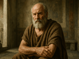 Cratès de Thèbes (vers 365–vers 285 av. J.-C.) : la joie cynique et le détachement des biens 79 Portrait imaginaire de Cratès de Thèbes, philosophe cynique grec. Cette image est une représentation fictive et ne représente pas le personnage historique réel.