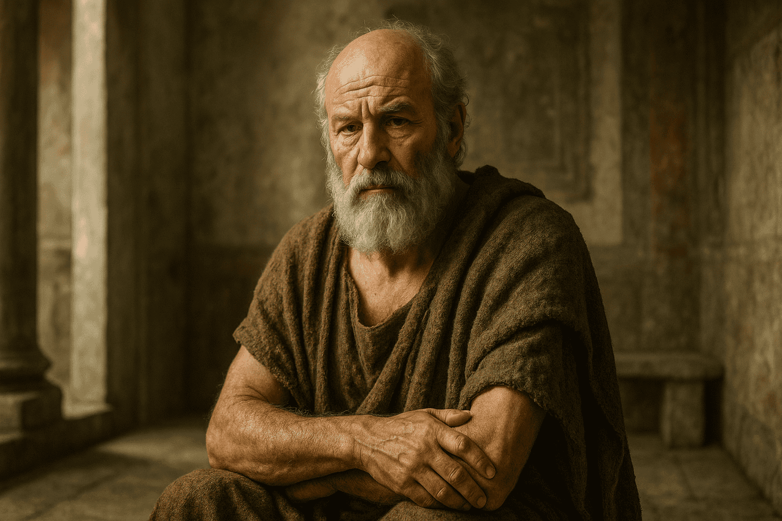 Portrait imaginaire de Cratès de Thèbes, philosophe cynique grec. Cette image est une représentation fictive et ne représente pas le personnage historique réel.