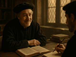 Guillaume Budé (1467–1540) : le renouveau de l'érudition philologique en France 149 Représentation imaginaire de Guillaume Budé, humaniste français de la Renaissance. Cette image fictive ne représente pas le personnage historique réel.