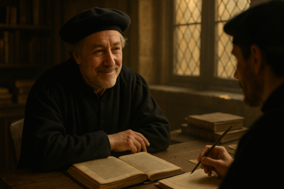 Représentation imaginaire de Guillaume Budé, humaniste français de la Renaissance. Cette image fictive ne représente pas le personnage historique réel.