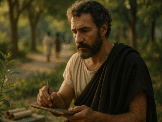 Théophraste (372–288 av. J.-C.) : le fondateur de la botanique scientifique 332 Représentation imaginaire de Théophraste, philosophe grec et botaniste. Cette image est fictive et ne représente pas le personnage historique réel.