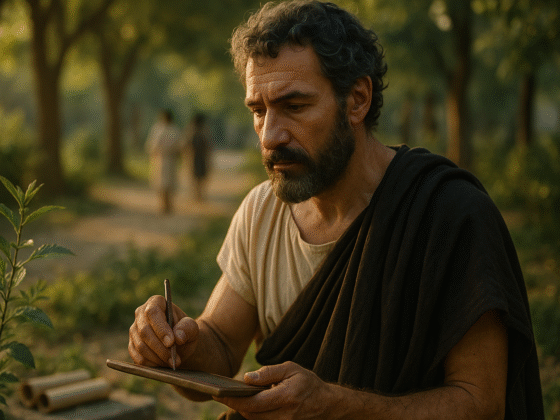 Représentation imaginaire de Théophraste, philosophe grec et botaniste. Cette image est fictive et ne représente pas le personnage historique réel.