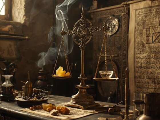 Jābir ibn Ḥayyān, basé sur l'article traitant de sa philosophie de l'alchimie et de l'équilibre, image imaginaire et non une représentation réelle.