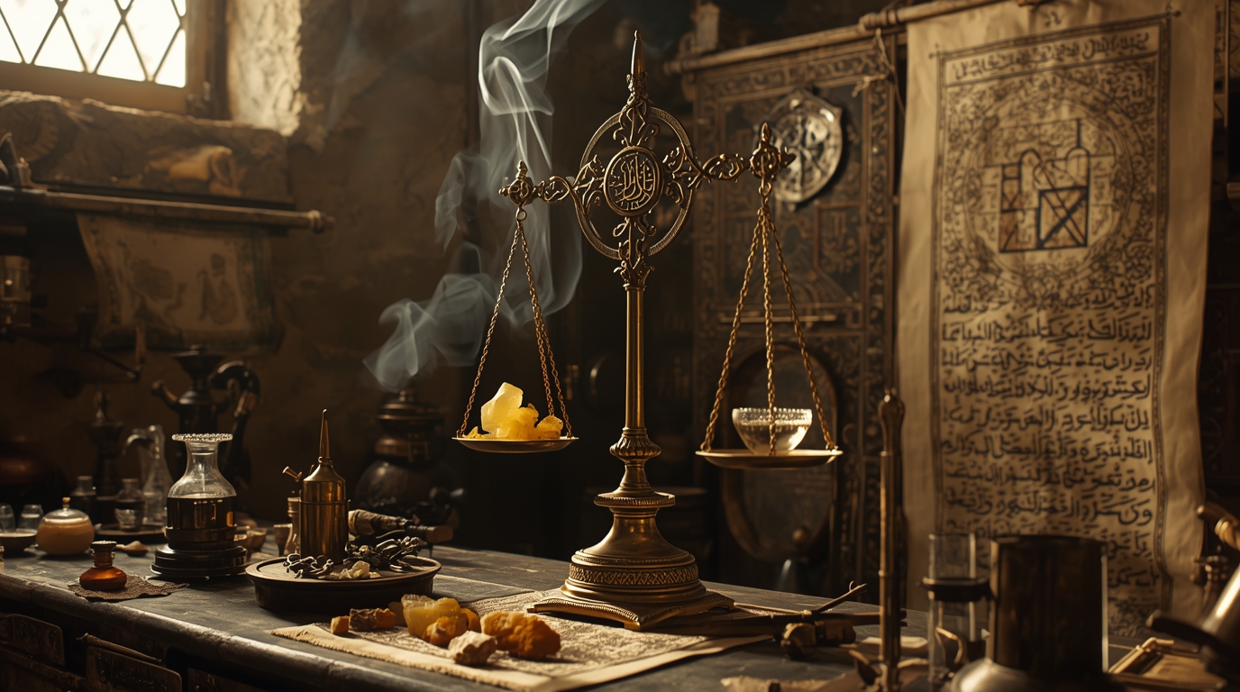 Jābir ibn Ḥayyān, basé sur l'article traitant de sa philosophie de l'alchimie et de l'équilibre, image imaginaire et non une représentation réelle.