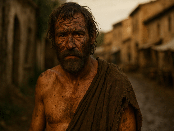 Représentation imaginaire et fictive de Pérégrinus Protée, philosophe cynique du IIᵉ siècle, qui ne correspond pas au personnage historique réel