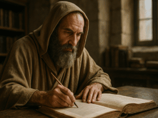 Simplicius (480–560) : l'exégèse néoplatonicienne au service de la préservation du savoir ancien 320 Représentation imaginaire de Simplicius de Cilicie, philosophe néoplatonicien du VIᵉ siècle. Cette image fictive ne représente pas le personnage historique réel.