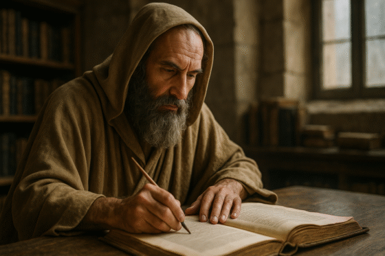 Représentation imaginaire de Simplicius de Cilicie, philosophe néoplatonicien du VIᵉ siècle. Cette image fictive ne représente pas le personnage historique réel.